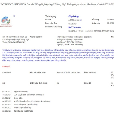 Đơn đăng ký nhãn hiệu "NT NGO THANG INOX Cơ Khí Nông Nghiệp Ngô Thắng Ngô Thắng Agricultural Machinery" số 4-2021-31541
